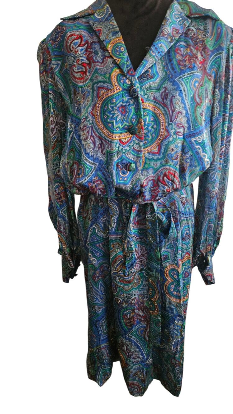 Vintage Morton Myles Silk Paisley Shirtdress Sz 12 Belted Hong Kong